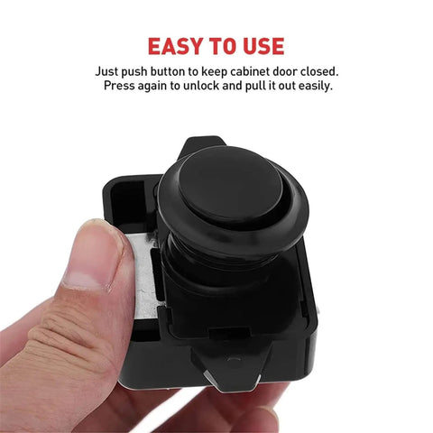 Close-up of Black Push Button Latch Lock for RV Camper Car Drawers and Cabinets Keyless Entry No Key Needed 26mm Cut Hole Easy Install