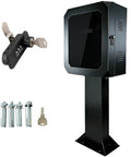 Outdoor EV Charger Enclosure With Key Lock, floor-standing steel protective box with tempered glass front, shown with keys and bolts.