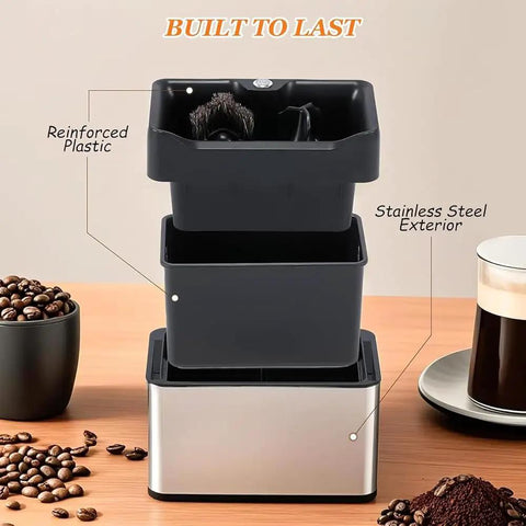 Slick Automatic Electric Espresso Knock Box For No Sweat Portafilter Cleaner And Efficient Coffee Grounds Cleanup Barista Grade Heavy Duty Build with stainless steel exterior and reinforced plastic.