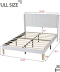 Modern White Full Size Bed Frame With Linen Upholstered Channel Tufted Headboard showing dimensions and slat support.