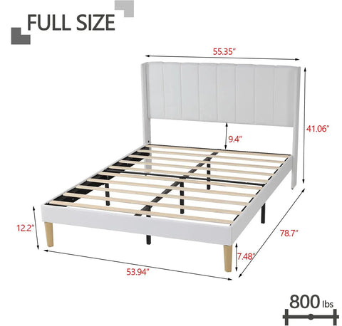 Modern White Full Size Bed Frame With Linen Upholstered Channel Tufted Headboard showing dimensions and slat support.