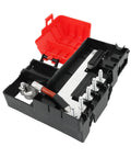 Heavy Duty Battery Distribution Fuse Block Direct Replacement For Chevy Silverado Tahoe Suburban Rigs. Close-up view with red cover.