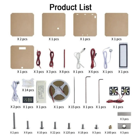 Product parts list for 24 Inch Clear Acrylic 3D Printer Enclosure With Ventilation, Led Light, Thermometer And Hygrometer.