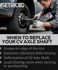 Mechanic inspecting CV axle shaft for replacement on vehicle with symptoms; grease, vibration, deformation, clicking noise.