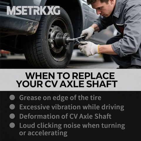 Mechanic inspecting CV axle shaft for replacement on vehicle with symptoms; grease, vibration, deformation, clicking noise.