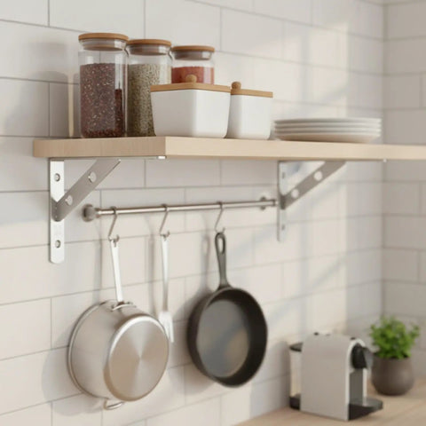 Heavy Duty Wall Mount Shelf Bracket In Stainless Steel L Shape Support holding kitchen shelf with jars and cookware