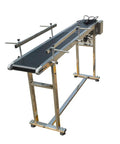 59 Inch By 7.8 Inch Flat Conveyor Belt With Stainless Steel Frame And PVC Belt 110V Power Adjustable Speed Beefy Pro Grade Industrial Drive Belt With Dual Guard Rails, side view showing stainless frame and guard rails