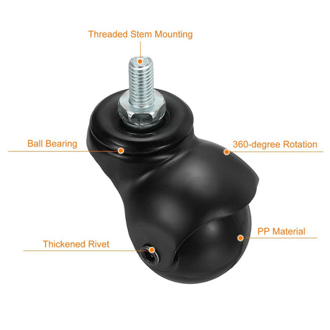 1.56 Inch Ball Caster Wheels Set Of 4 With Threaded Stem 360 Degree Movable Rotatable Castors For Furniture PP And Metal Construction In Electrophoretic Black Finish.