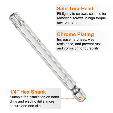 Heavy Duty 2 Pack T40 Security Torx Bits For Quarter Inch Hex Shank 3 Inch Long S2 Steel Magnetic Star Driver with Safe Torx Head.