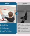 Comparison of No Drill Adhesive Curtain Track With 10.5ft Ceiling And Wall Mount and traditional drilled curtain rail installation.