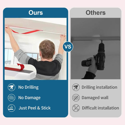 Comparison of No Drill Adhesive Curtain Track With 10.5ft Ceiling And Wall Mount and traditional drilled curtain rail installation.
