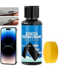 Phone Screen Scratch Remover Kit 30/100g Gentle Polish Cream with sponge, showing scratch repair before and after on phone screen.