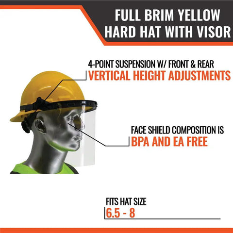 Full Brim Hard Hat With Adjustable Visor And Face Shield Made In USA ANSI Z87 1 20 OSHA Compliant 4 Point Ratchet Suspension