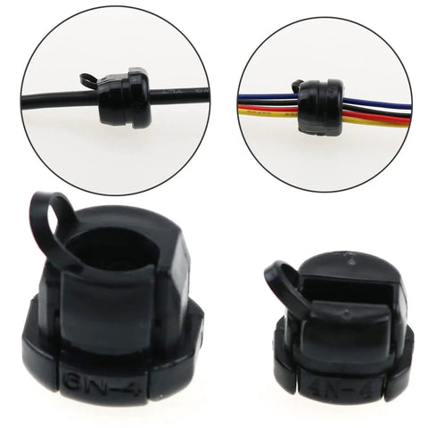 Durable Nylon Strain Relief Kit For Cables And Wires 12 Pieces Black Grommet Bushings with 6N-4 Round and 4N-4 Flat close-up