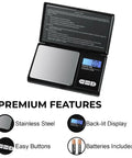 Dope Portable Digital Pocket Scale 0.01g Precision, 1000g Max, Backlit LCD Display showing features stainless steel, batteries included