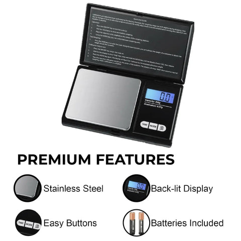 Dope Portable Digital Pocket Scale 0.01g Precision, 1000g Max, Backlit LCD Display showing features stainless steel, batteries included