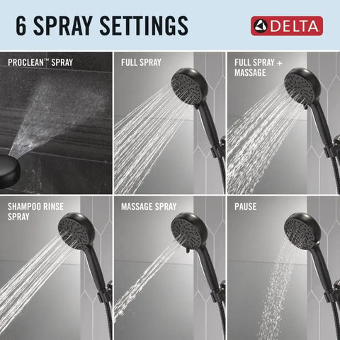 ProClean Matte Black Shower Head With Handheld, High Pressure Spray, 6 Spray Settings, showcasing various water spray options.