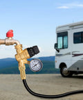 Brass RV water pressure regulator with gauge, shut-off valve and attached hose for camper water lines