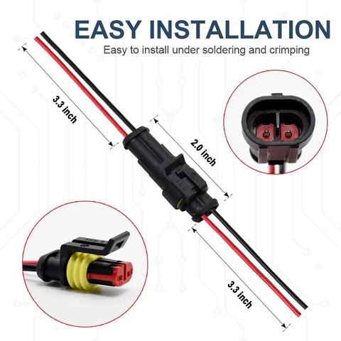 Waterproof 2 Pin Wire Connector Kit For Cars Trucks Boats And Marine Projects, showcasing easy installation and 10cm leads.