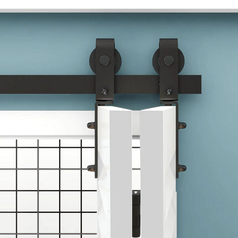 Heavy Duty 4ft Barn Door Track Kit For Two Doors With Aluminum Rail And Carbon Steel Rollers, close-up view of mounting detail.