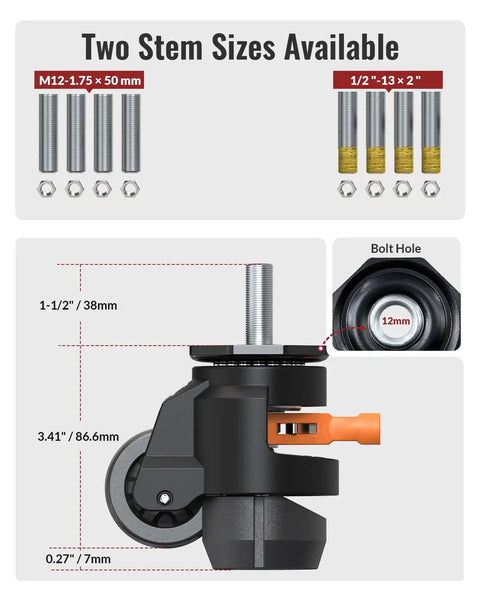 Heavy Duty Retractable Leveling Casters Set Of 4 Dual Stem Sizes And Ratchet Handle parts diagram with sizes and bolt hole details.