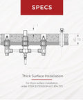 Diagram of High Flow Roman Tub Rough In Valve for thick surface installation, showing measurement details and connection points.