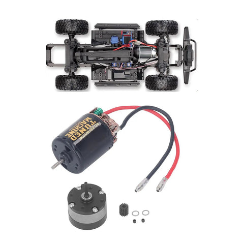 Universal 540 Brushed RC Car Motor With One Third Reduction Planetary Gear System 13T 80T for 1/14 Tractors and 1/10 Crawlers shown