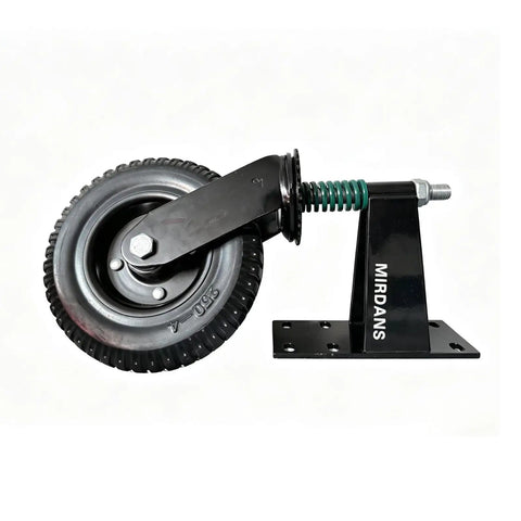 Tough As Nails Eight Inch Heavy Duty Gate Caster Featuring Built In Spring Loaded Swivel For Wooden Fences That Rolls Smooth And Handles Up To 1000 Pounds Easily, showing 8 inch rubber wheel with steel bracket.