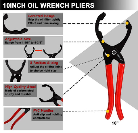 Close-up of a 10-inch oil wrench plier with red PVC handles, serrated design, and adjustable size from 1-1/4" to 5-3/5".