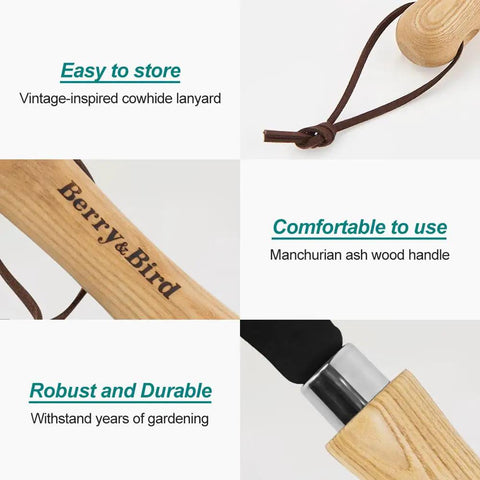Handle features of Grass Sickle With Sawtooth Blade For Heavy Duty Weeding And Harvesting, showing ashwood and lanyard details.