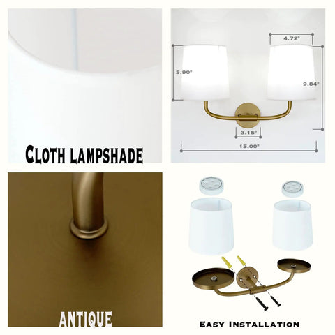 Industrial Battery Powered Wall Sconce With Two Light LED Fixture detailed with flared funnel white fabric shade and antique finish