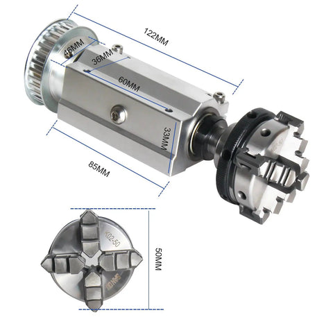 Motorized 4-Jaw 50mm Self-Centering Lathe Chuck Spindle Assembly For CNC Lathes And Woodworking, 12-24V DC, top view, dimensions labeled