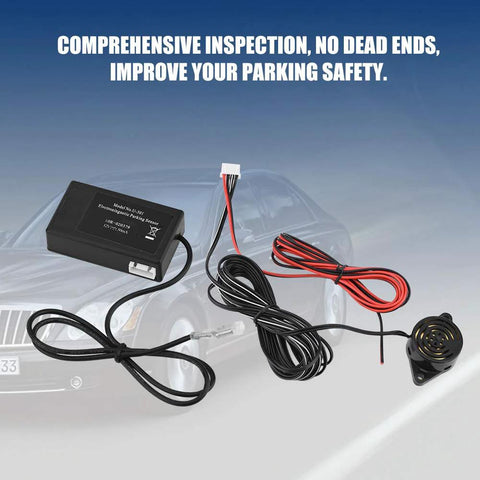 Universal car parking sensor kit by Amazon; black control module, wiring harness, and small buzzer speaker