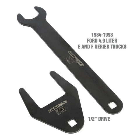 Fan Clutch Wrench Set For Ford Vehicles No Fuss Tool For Quick Removal Of Ford Threaded Clutch Fits 4.9L, 4.6L, 2.8L-3.0L And 4.0L Engines Durable Construction For Easy Home Mechanic Use And Longevity showing wrenches and text for Ford E and F Series trucks.