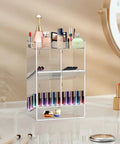 Clear Test Tube Rack With Four Compartments, Extra Bottom Storage Space And Two Pull Out Trays, Wall Mount Or Countertop Lab Organizer For Lab Hospital And Office 11.7 H x 7.9 W x 5.2 D on a vanity.