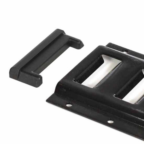 Horizontal E Track Rail End Caps For Trailers And Trucks, black plastic end protectors shown in close-up