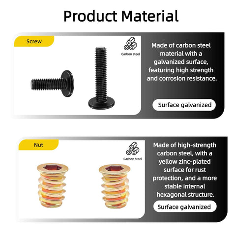 Pro Grade Wood Furniture Hardware Kit with carbon steel screws and nuts, surface galvanized for strength and corrosion resistance.