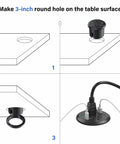 Slick Flush Mount Desk Power Hub With Two AC Outlets And Four Quick Charge Ports Including Dual PD 20W Type C Plugs installation guide, showing 3-inch hole.
