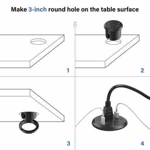 Slick Flush Mount Desk Power Hub With Two AC Outlets And Four Quick Charge Ports Including Dual PD 20W Type C Plugs installation guide, showing 3-inch hole.