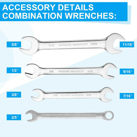 Combination wrenches from Motocross Tool Kit 32 Piece Set with wrench sizes 5/8, 1/2, 3/8, and 2/5 inches in chromium vanadium steel.