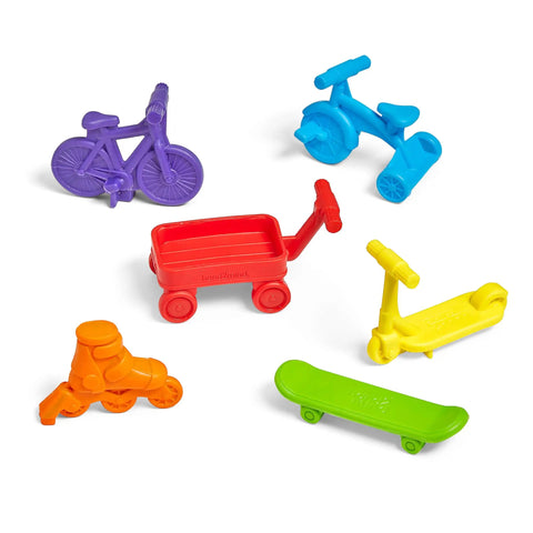 Colorful Neighborhood Wheels Math Counters For Kids With Super Cool Vehicle Designs, 6 durable plastic pieces for sorting.