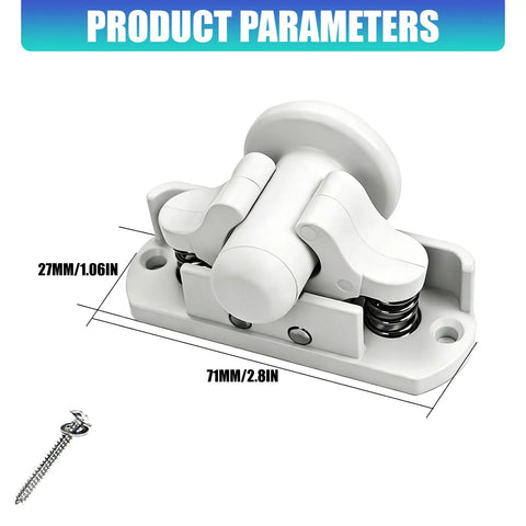 Durable Nylon Door Retainer Catch Clips For Caravans And Motorhomes, 71mm, white, includes screw for easy installation.