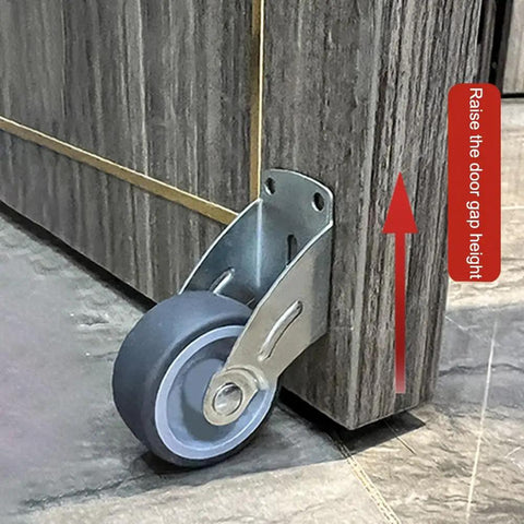 Heavy Duty Adjustable Door Bottom Support Wheel Stops Cabinet Sagging Rolls Smooth As Butter Steel And Rubber Anti Sag Pulley attached to cabinet.