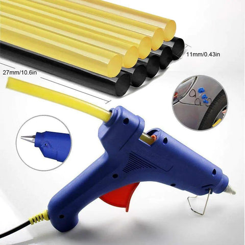 Fast Heating 100W Hot Glue Gun With 10 High Adhesion Glue Sticks For Car Dent Repair And DIY Crafts Great For Home Improvement And Quick Daily Fixes Anti Drip Design And Easy On Off Switch shown with glue sticks