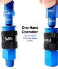 Top Shelf Aluminum Air Hose Fittings Kit Featuring Quick Connect Coupler And Industrial Air Plug One Hand Operation Rock Solid Six Ball Lock Design 1/4 Inch Blue Compressor Gear one hand operation connector shown.
