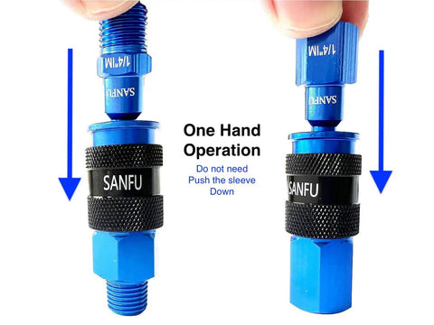 Top Shelf Aluminum Air Hose Fittings Kit Featuring Quick Connect Coupler And Industrial Air Plug One Hand Operation Rock Solid Six Ball Lock Design 1/4 Inch Blue Compressor Gear one hand operation connector shown.