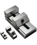 Precision QKG25 Universal Machine Vise Clamp For Milling And Drilling Tools shown in silver metal with three clamping jaws for precision machining.