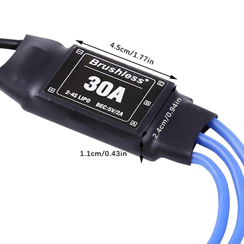 Close-up of Two Pack 30A Brushless ESC Speed Controllers With XT60 Connectors And 3.5mm Bullet Plugs For RC Drones Planes And Helis