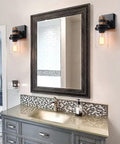 Two Light Rustic Black Vanity Light For Bathroom Over Mirror with clear glass shades in farmhouse style and wood grain finish