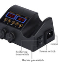 Control panel of 2 In 1 750W Hot Air Soldering System with LCD display showing settings and switches